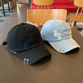 鸭舌帽 牛仔女式 破洞铁环棒球帽男潮流韩国复古帽子春季 2025年爆款