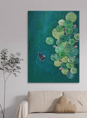 绿色荷叶荷花和和美美客餐厅装饰画玄关小船艺术高级感挂画
