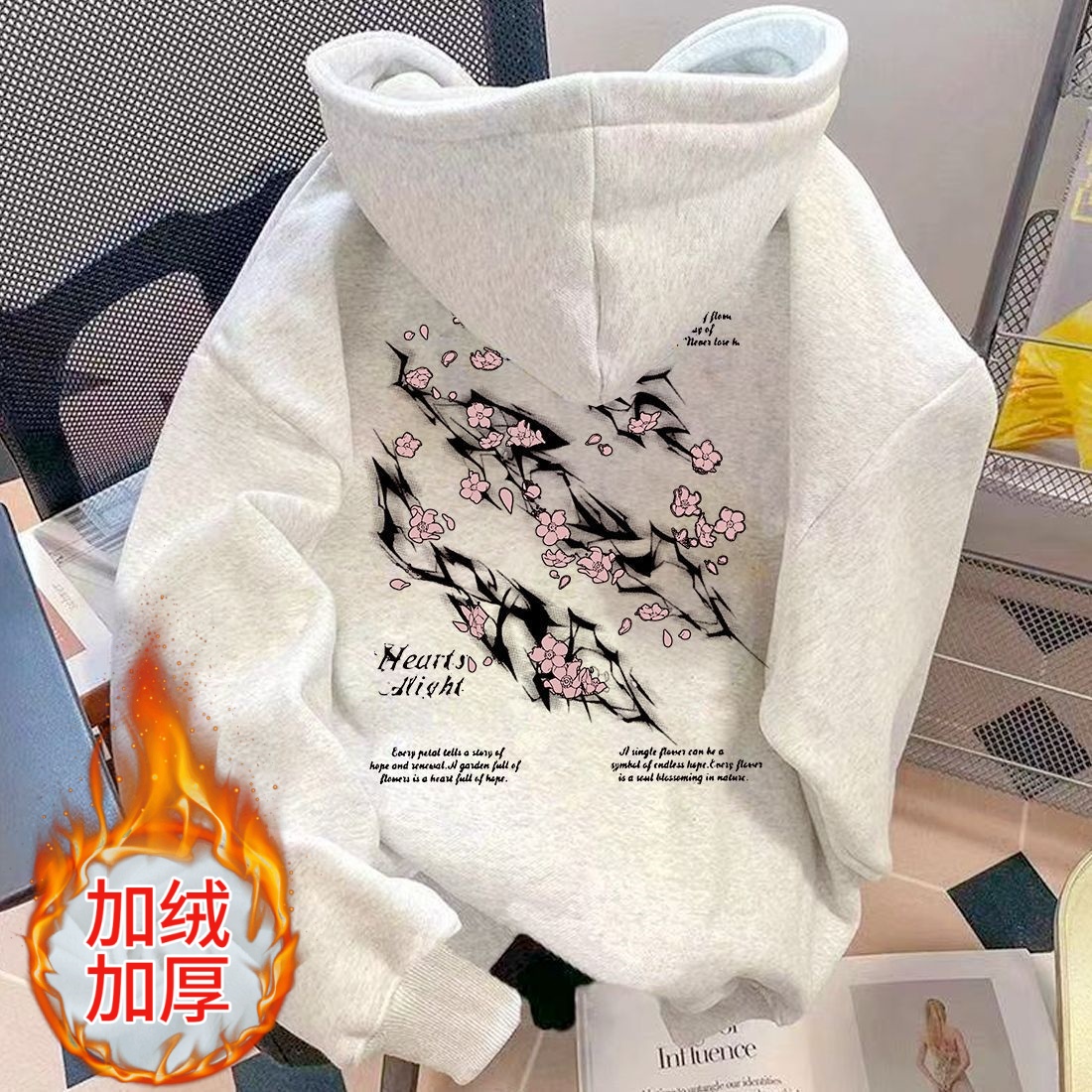 美式高街樱花字母印花连帽卫衣宽松秋冬加绒慵懒风爆款情侣外套