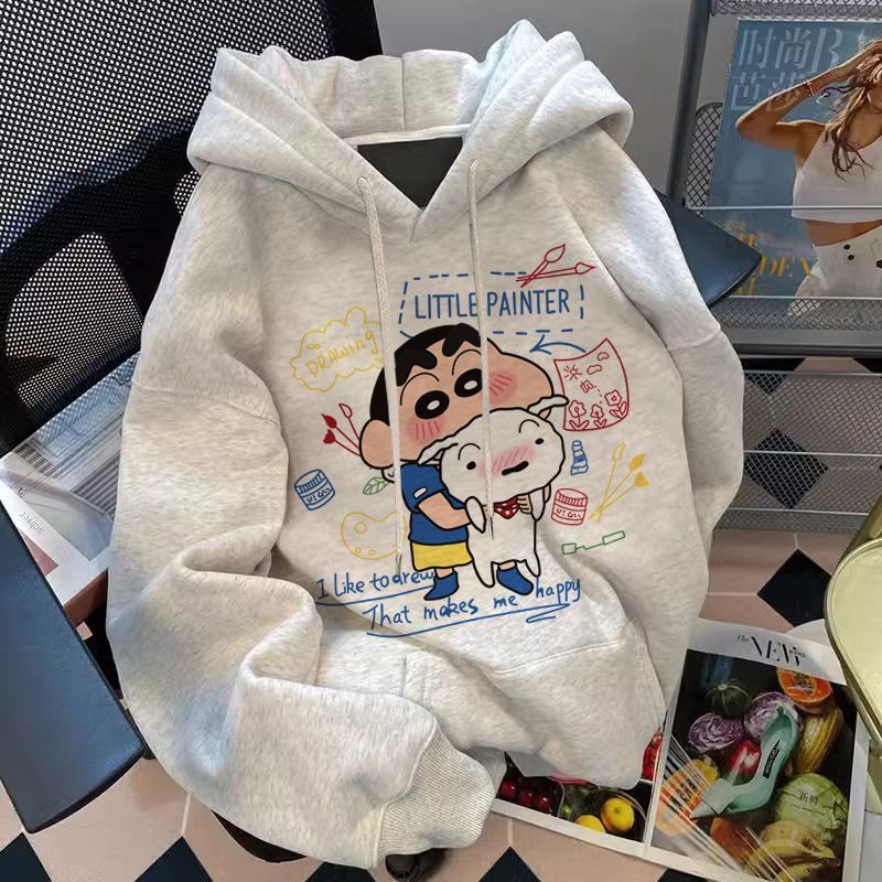 重磅日系动漫蜡笔小新连帽卫衣男女春秋新款加绒高级感情侣装外套