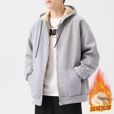 清仓捡漏加绒加厚保暖羊羔绒连帽卫衣男秋冬户外大码休闲开衫外套
