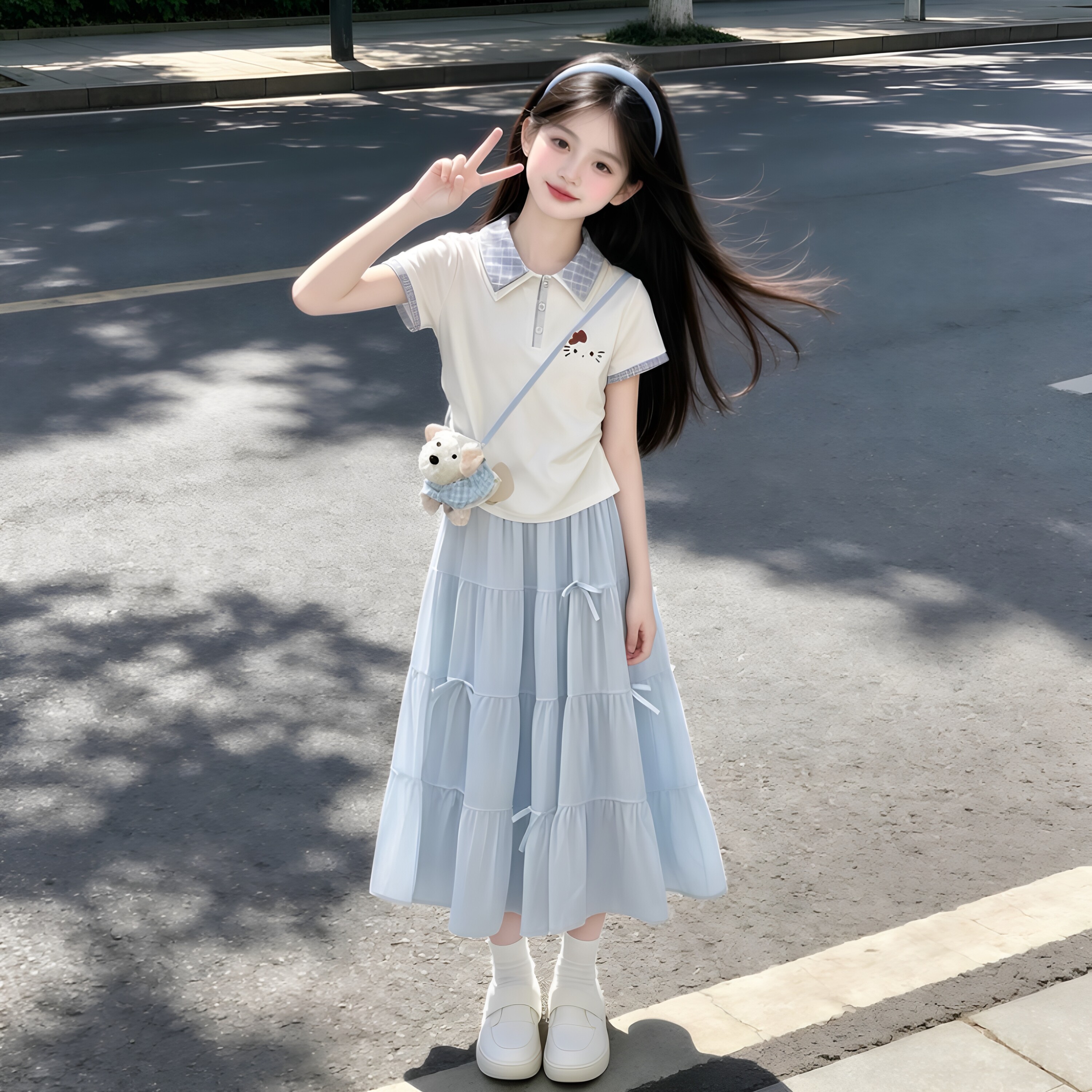 女童夏季半身裙套装2026夏新款中大童洋气POLO短袖轻奢半身裙套装
