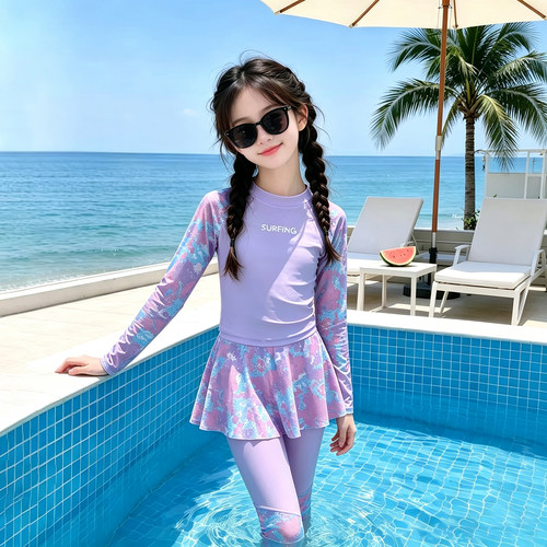 女童分体防晒长袖游泳衣沙滩泳装