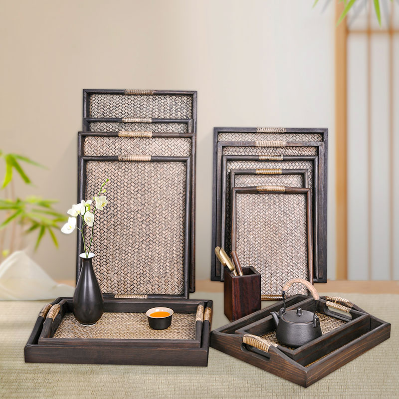 木质托盘长方形家用水杯茶具茶盘泰式实木美容院复古首饰竹编托盘