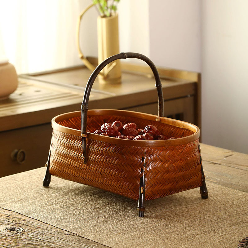 手工竹编大漆提篮桌面复古茶具收纳筐中式家用水果篮便携手提竹筐,特色手工艺,竹编/竹雕,淘宝优惠券,粉丝福利购,淘宝优惠卷