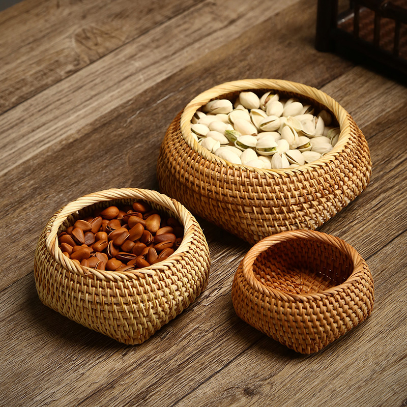 手工藤编点心盒家用茶几桌面收纳盒竹编茶点盘干果盘迷你零食果盘