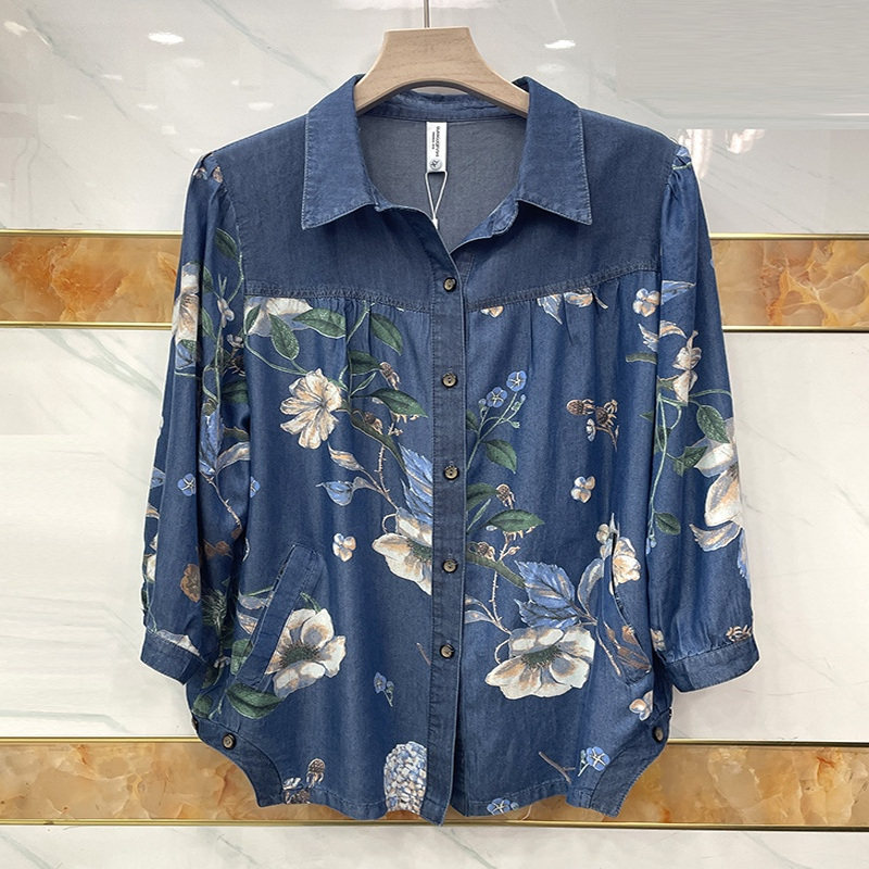 中年妈妈软牛仔印花衬衫女夏季新款翻领休闲百搭衬衫薄款开衫外套