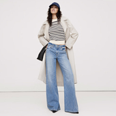 大牌鹰春秋天蓝美单弹力款 大直筒阔腿拖地高腰牛仔裤 分长短