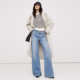 大牌鹰春秋天蓝美单弹力款 大直筒阔腿拖地高腰牛仔裤 分长短