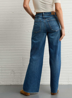 大牌鹰秋冬155-175蓝色美单弹力大直筒阔腿拖地高腰牛仔裤分长短