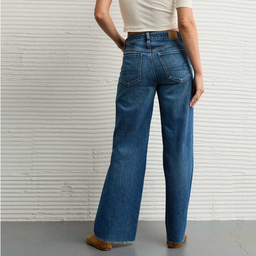 大牌鹰秋冬155-175蓝色美单弹力大直筒阔腿拖地高腰牛仔裤分长短