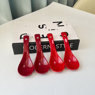 中式婚庆红色陶瓷调羹汤匙家用餐具釉下彩光滑质感小勺子饭勺汤勺