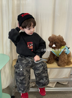 小南瓜韩版童装2025冬季男童加绒卫衣米奇上衣休闲迷彩裤爆款加绒
