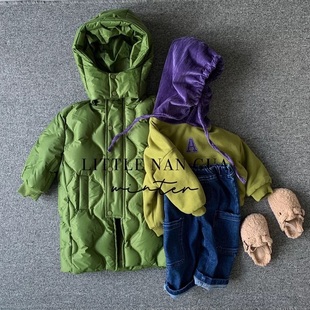 韩国童装2023秋冬新品连帽卫衣拼色加绒牛仔裤长款羽绒服男女童