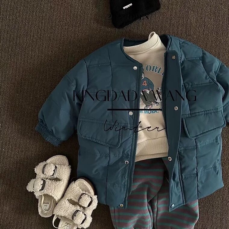 韩国童装2023冬季新品男女童中长款羽绒服卡通印花卫衣加绒卫裤
