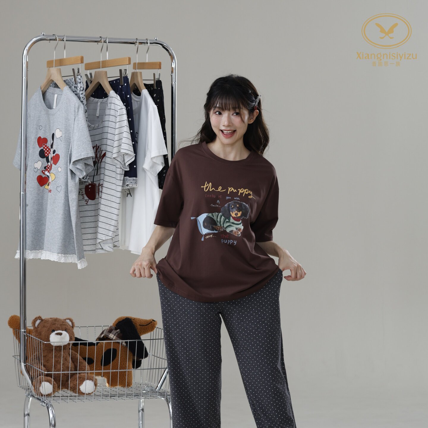 香旎思一族女夏纯棉莫代尔圆领套头短袖长裤甜美卡通阔裤脚家居服