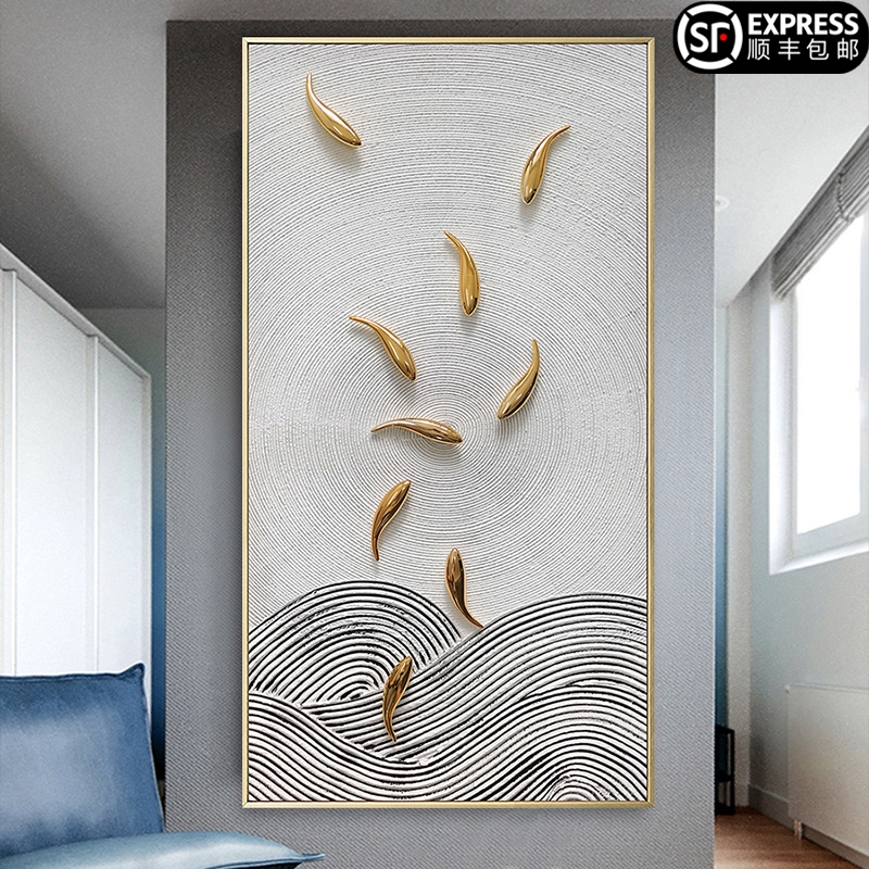 手绘九鱼图轻奢玄关装饰画寓意好简约客厅立体画竖版入户走廊壁画图片