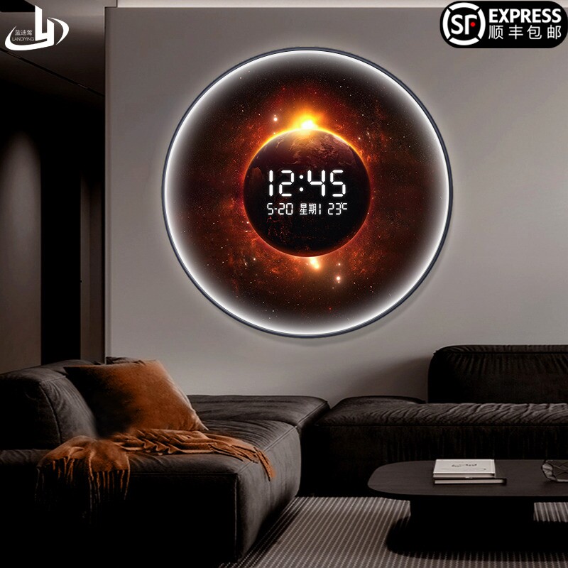 星球客厅装饰画创意圆形电子钟表玄关挂画太空月球卧室床头壁灯画