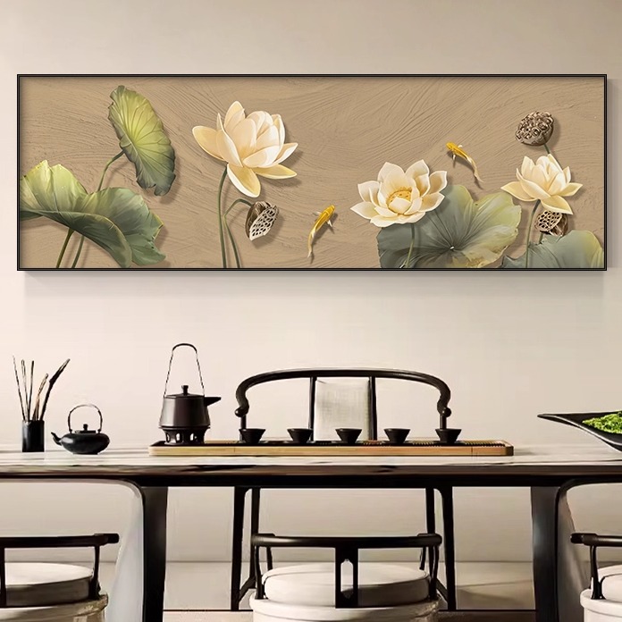 新中式寓意荷花客厅装饰画茶室背景墙横版挂画莲藕卧室床头墙壁画图片