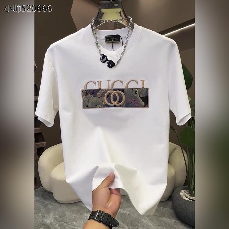 2025夏季新款潮牌高端刺绣短袖t恤男时尚痞帅白色半袖修身圆领体