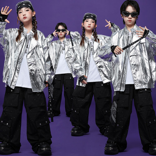男童嘻哈银色机车风HIPHOP演出服