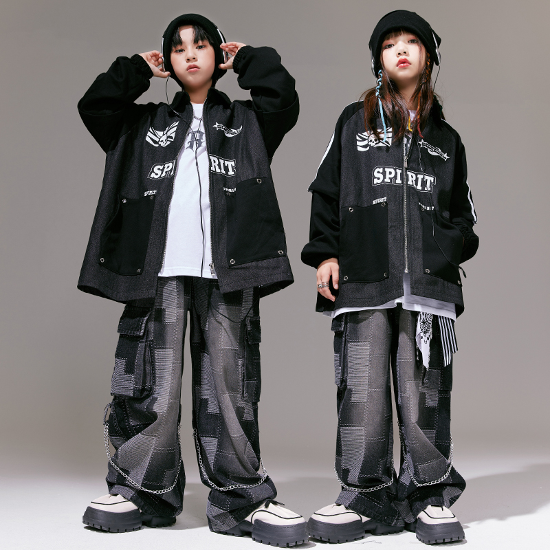 街舞儿童hiphop嘻哈潮牌童装男童滑板运动黑色夹克套装女童演出服