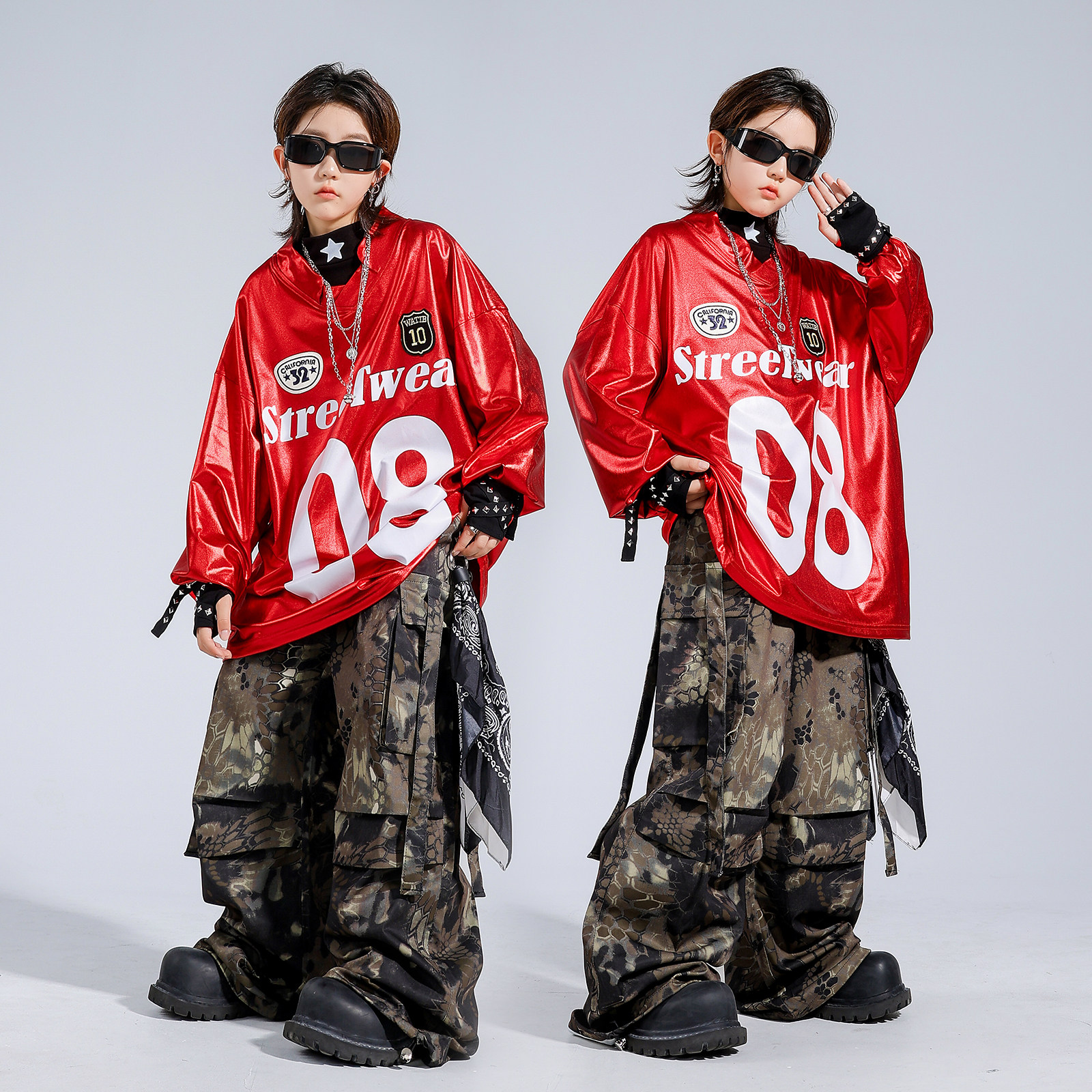 新年儿童红色套装街舞演出服