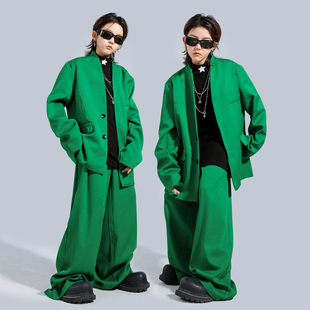 街舞儿童嘻哈演出服绿色西装套装男女童KPOP元旦表演服春晚汇演服