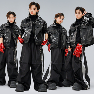 高街儿童街舞演出服男童黑色字母皮衣套装 HIPHOP酷帅摇滚表演服装