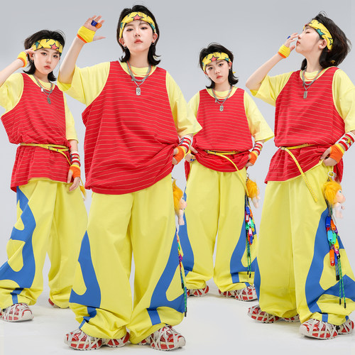 儿童红黄套装hiphop团体演出服装