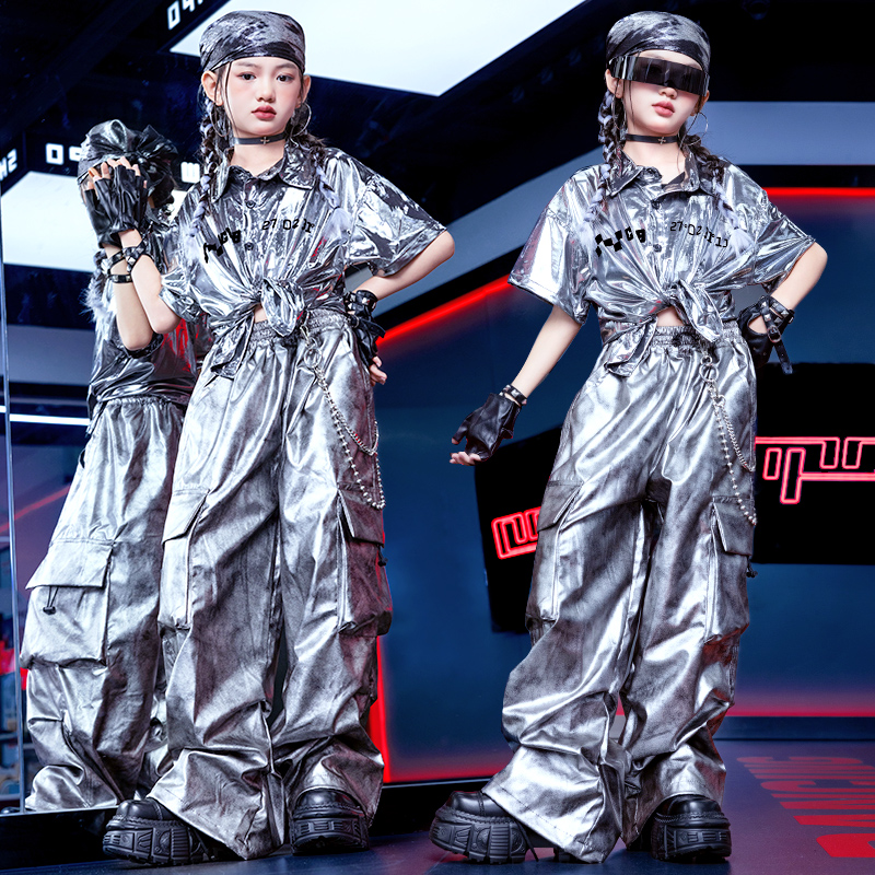 男女童炸街科技银色套装表演服装
