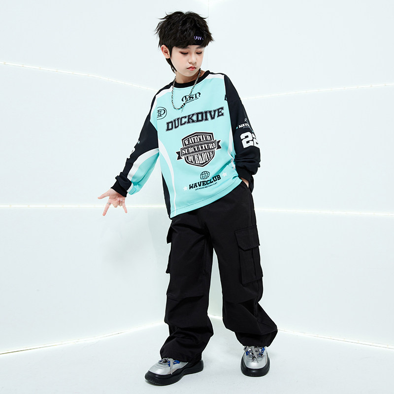 美式街舞篮球风拼色宽松t恤街舞练功服男女童嘻哈架子鼓表演服装