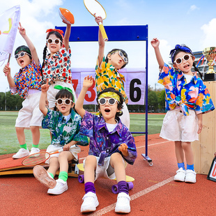 六一儿童节港风复古演出服套装 男女童花衬衣嘻哈街舞Urban团体服