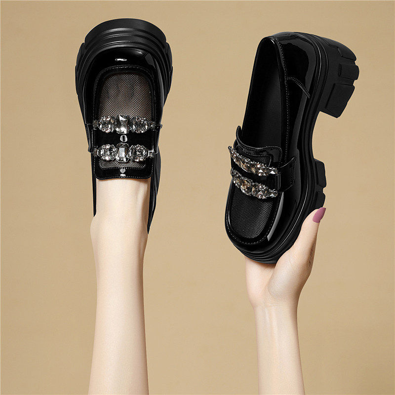 夏季网面透气乐福鞋女2026新款小个子厚底增高配裙子黑色玛丽珍鞋