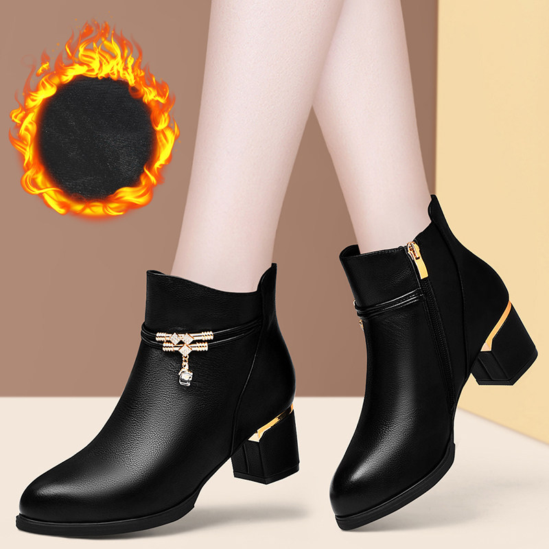 高跟鞋秋冬短靴粗跟2025新款时装靴子保暖加绒皮鞋中年妈妈鞋棉鞋