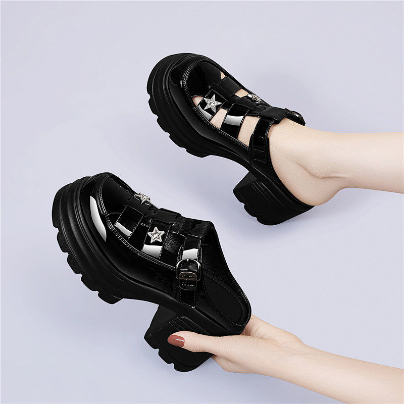 黑色厚底洞洞单鞋女2026新款夏季包头镂空小个子增高8CM罗马凉鞋