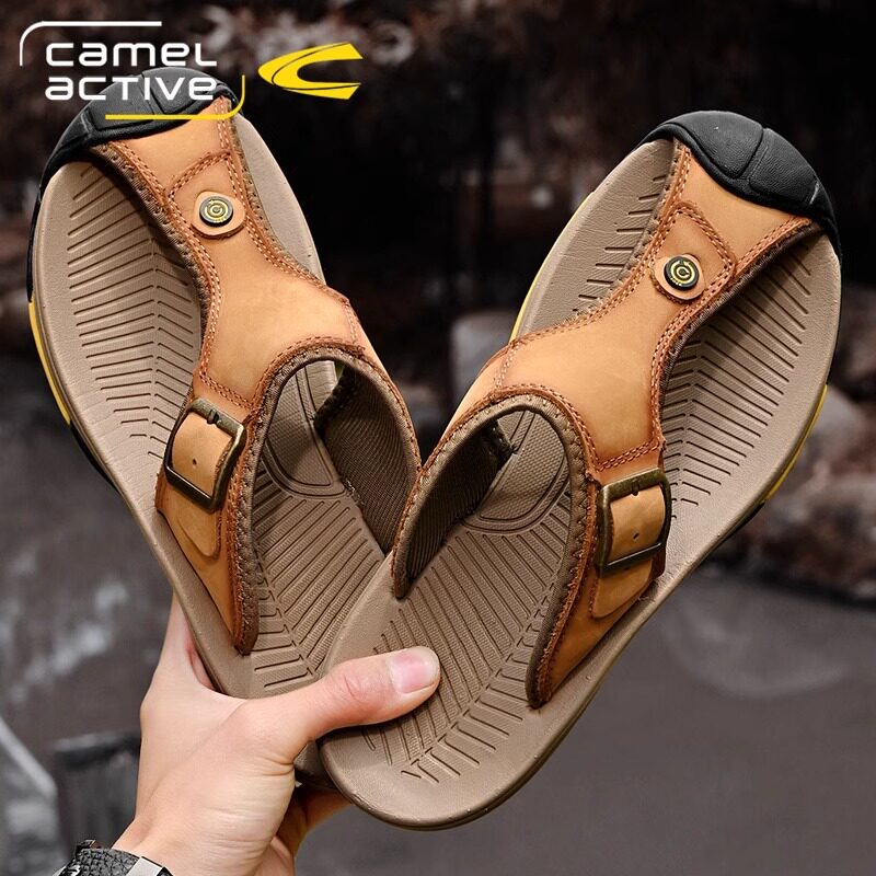 德国骆驼动感男士真皮人字拖鞋皮凉鞋户外休闲夏季包头沙滩鞋夹趾