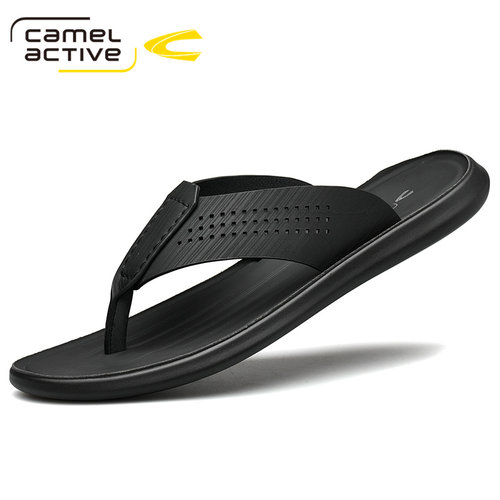 德国骆驼动感男人字拖凉鞋子夹脚趾真牛皮纯外穿轻便舒适软底中年