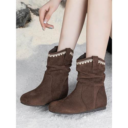 复古棕色堆堆靴女平底勃