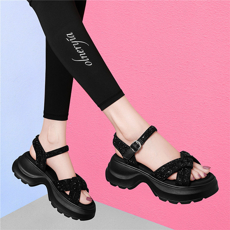 品牌罗马凉鞋女款2026新款夏季配裙子厚底软底露趾通勤一字带高跟