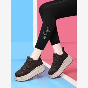 香港GP小个子真皮咖色厚底女鞋2025新款秋冬季内增高加绒高帮板鞋