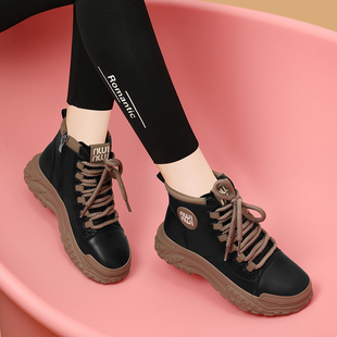 白色瘦小短靴秋冬季单靴加绒马丁靴2025新款软皮鞋平底高帮女靴子