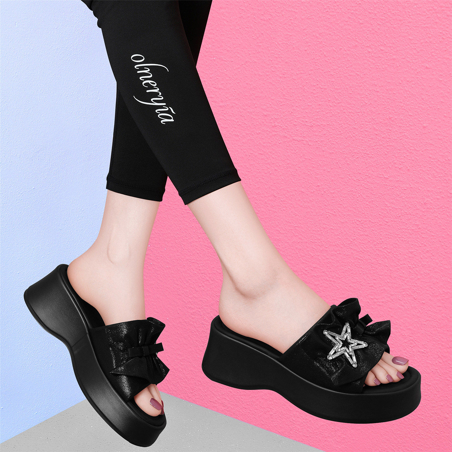 黑色厚底凉拖鞋女外穿皱皱拖增高拖鞋女夏季2026新款褶皱一字拖鞋