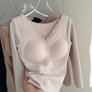 蕾丝V领磨绒保暖上衣女长袖带胸垫修身羊绒暖肤衣可外穿打底衫