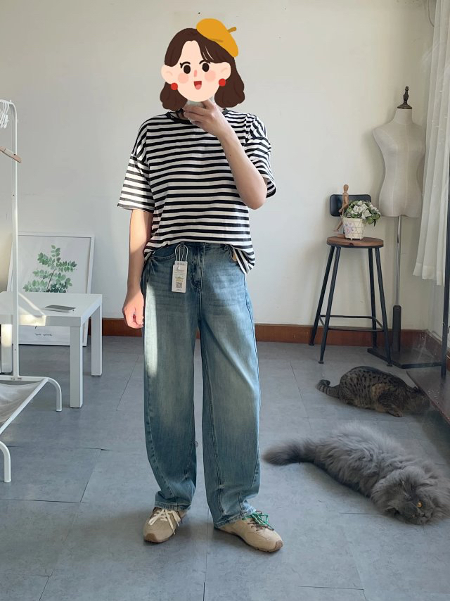 栗家铺大码-春季新款立体斜线剪裁老爹裤香蕉裤大码牛仔裤