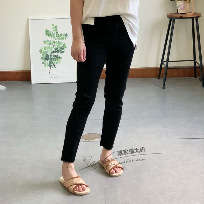 Z8栗家铺大码-夏季新款胖MM基础款显瘦黑色薄款9分小脚牛仔裤9-4