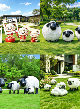 2027新年卡通玻璃钢绵羊雕塑草皮卷毛羊摆件户外幼儿园林景观装饰