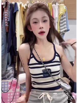 纯欲辣妹风条纹针织吊带背心女夏外穿高级感修身绝美漂亮无袖上衣