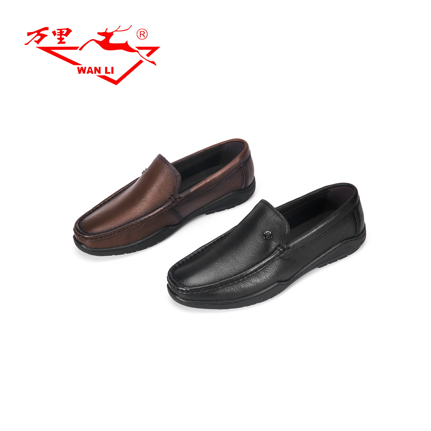 万里新款真皮商务休闲鞋舒适一脚蹬圆头软底通勤男单鞋BET1190