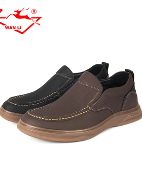 万里新款休闲男士单鞋时尚真皮套脚平底鞋简约圆头低帮鞋HGT1118